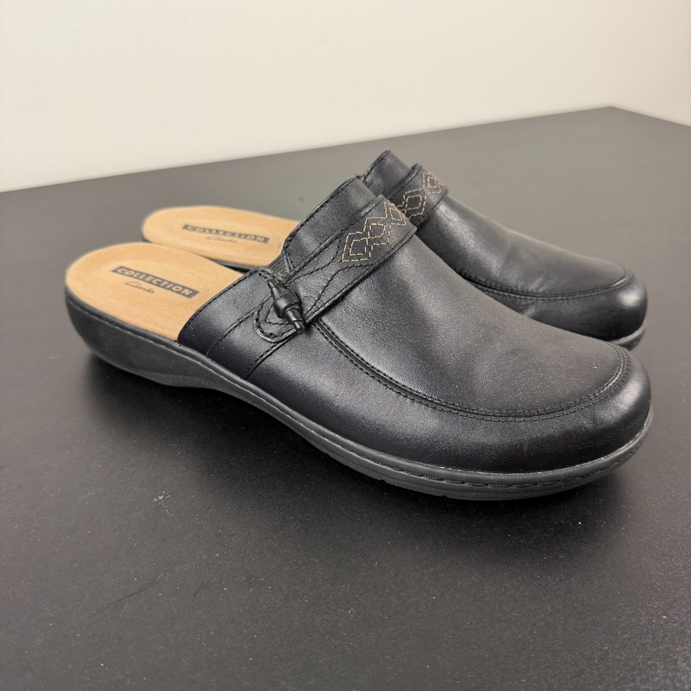 Clarks Collection Clog Mules Women's 10M Black Leather Casual Comfort Slip On